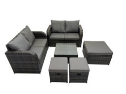 Fimous Rattan Garden Outdoor Furniture Set Love Sofa Square Coffee Table Set With 3 Stools Dark Grey Mixed - thumbnail 1