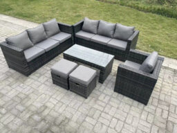Fimous Outdoor Rattan Garden Furniture Lounge Sofa Set With Oblong Rectagular Coffee Table Arm Chair 2 Stools - thumbnail 1
