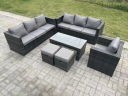 Fimous Outdoor Rattan Garden Furniture Lounge Sofa Set With Oblong Rectagular Coffee Table Arm Chair 2 Stools - thumbnail 2