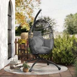 Dark Grey Hanging Egg Chair With Folding Basket, Outdoor Indoor - thumbnail 3