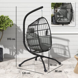 Dark Grey Hanging Egg Chair With Folding Basket, Outdoor Indoor - thumbnail 2