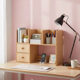 Natural Wood Colour - 60Cm - Basic Creative Wooden Desktop Bookshelf Organizer Office Desk Storage Shelf Tidy Rack - thumbnail 5
