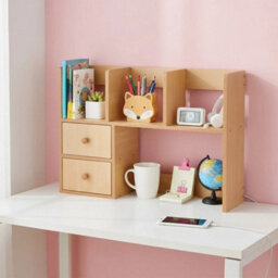 Natural Wood Colour - 60Cm - Basic Creative Wooden Desktop Bookshelf Organizer Office Desk Storage Shelf Tidy Rack - thumbnail 3