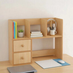 Natural Wood Colour - 60Cm - Basic Creative Wooden Desktop Bookshelf Organizer Office Desk Storage Shelf Tidy Rack - thumbnail 4