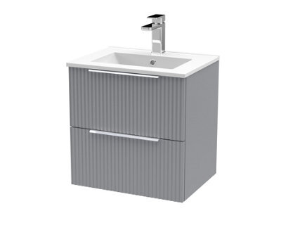 Hudson Reed Fluted Wall Hung 2-Drawer Vanity And Minimalist Basin, Contemporary Sink Vanity Unit, Satin Grey, 500mm - image 1