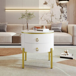 Matteo Marble-Effect Side Table With Gold Legs And 2 Adjustable Drawers - White - thumbnail 6