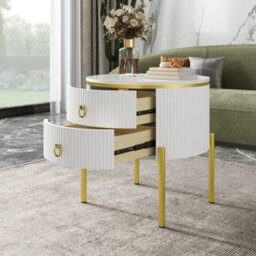Matteo Marble-Effect Side Table With Gold Legs And 2 Adjustable Drawers - White - thumbnail 7
