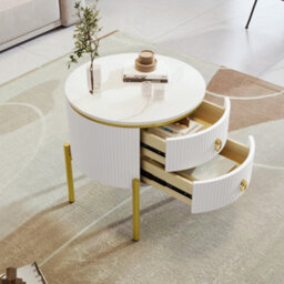 Matteo Marble-Effect Side Table With Gold Legs And 2 Adjustable Drawers - White - thumbnail 2