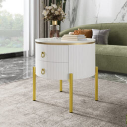 Matteo Marble-Effect Side Table With Gold Legs And 2 Adjustable Drawers - White - thumbnail 3