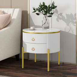 Matteo Marble-Effect Side Table With Gold Legs And 2 Adjustable Drawers - White - thumbnail 9