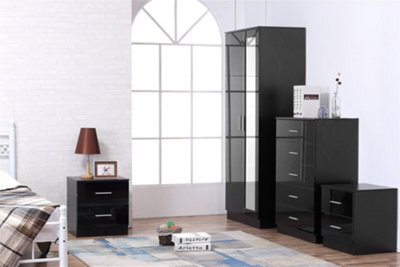 Reflect 2 Door Mirror Wardrobe, 5 Drawer Chest, 2X 2 Drawer Bedsides - Black Gloss & Black Oak - Modern Bedroom Furniture Set - image 1