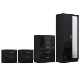 Reflect 2 Door Mirror Wardrobe, 5 Drawer Chest, 2X 2 Drawer Bedsides - Black Gloss & Black Oak - Modern Bedroom Furniture Set - thumbnail 5