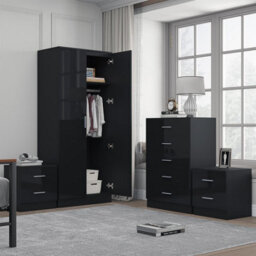 Reflect 2 Door Mirror Wardrobe, 5 Drawer Chest, 2X 2 Drawer Bedsides - Black Gloss & Black Oak - Modern Bedroom Furniture Set - thumbnail 2