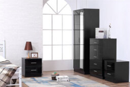 Reflect 2 Door Mirror Wardrobe, 5 Drawer Chest, 2X 2 Drawer Bedsides - Black Gloss & Black Oak - Modern Bedroom Furniture Set