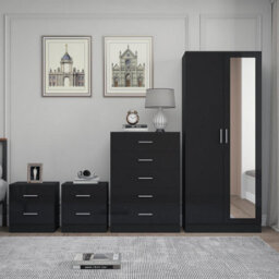 Reflect 2 Door Mirror Wardrobe, 5 Drawer Chest, 2X 2 Drawer Bedsides - Black Gloss & Black Oak - Modern Bedroom Furniture Set - thumbnail 3