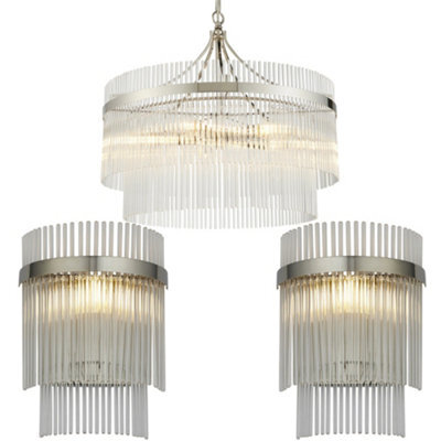 Loops 5 Light Ceiling Pendant & 2X Matching Wall Lamps - Polsihed Nickel Decorative Glass Rod Shades - image 1