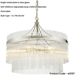Loops 5 Light Ceiling Pendant & 2X Matching Wall Lamps - Polsihed Nickel Decorative Glass Rod Shades - thumbnail 3