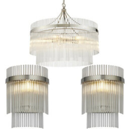 Loops 5 Light Ceiling Pendant & 2X Matching Wall Lamps - Polsihed Nickel Decorative Glass Rod Shades - thumbnail 1