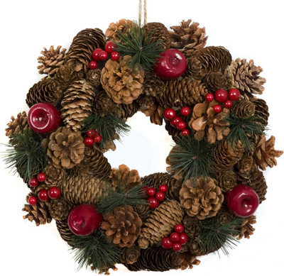 GreenBrokers Premium Quality Christmas Hanging Wreath 32Cm- Festive Pine Cone Display With Red Berries - image 1