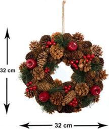 GreenBrokers Premium Quality Christmas Hanging Wreath 32Cm- Festive Pine Cone Display With Red Berries - thumbnail 3