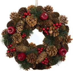GreenBrokers Premium Quality Christmas Hanging Wreath 32Cm- Festive Pine Cone Display With Red Berries