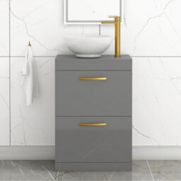 Royal Bathrooms 600mm Floor Standing Vanity Unit 2 Drawer Indigo Grey Gloss & Countertop Basin - Breeze With Brushed Brass Handle - thumbnail 1