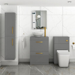 Royal Bathrooms 600mm Floor Standing Vanity Unit 2 Drawer Indigo Grey Gloss & Countertop Basin - Breeze With Brushed Brass Handle - thumbnail 2