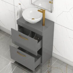 Royal Bathrooms 600mm Floor Standing Vanity Unit 2 Drawer Indigo Grey Gloss & Countertop Basin - Breeze With Brushed Brass Handle - thumbnail 3