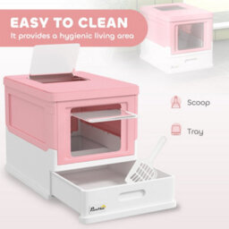 Pawhut Hooded Cat Litter Box, Pet Toilet W/ Scoop, Tray - Pink - thumbnail 4