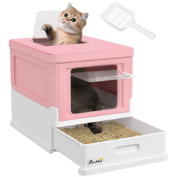 Pawhut Hooded Cat Litter Box, Pet Toilet W/ Scoop, Tray - Pink - thumbnail 2