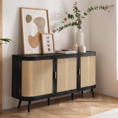 3 Door Rattan Sideboard Curved Black Cupboard Birlea Sark Storage Cabinet - image 1