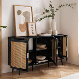 3 Door Rattan Sideboard Curved Black Cupboard Birlea Sark Storage Cabinet - thumbnail 2