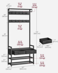 Songmics Vasagle Hall Tree With Bench And Shoe Storage, Hallway Coat Rack With Shoe Bench, 2 Fabric Drawers, 10 Hooks - thumbnail 7