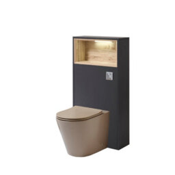 Homestylestore 600mm Black Grey Floorstanding Bathroom Wc Unit Led Lit Shelf Sand Toilet And Chrome Flush Button
