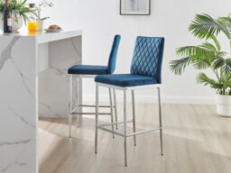 Furniturebox Set Of 2 Milan Navy Diamond-Stiched Soft Touch Velvet Silver Chrome Leg Padded Counter Stools - thumbnail 9