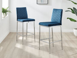 Furniturebox Set Of 2 Milan Navy Diamond-Stiched Soft Touch Velvet Silver Chrome Leg Padded Counter Stools - thumbnail 1