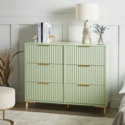 Wyld and Coco Luxehome Green Mdf Chest Of Drawers - 6 Drawer Fluted Front, Gold-Tone Handles, Slim Iron Legs - thumbnail 2