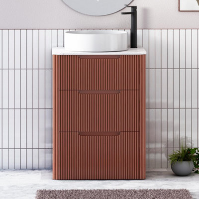 Royal Bathrooms Avenza 600mm Terracotta Clay Floor Standing Countertop Bathroom Vanity Unit 3 Drawer With Art Round Basin