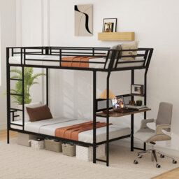 Costway Bunk Bed With Desk Single Over Single Loft Bed With Guardrail - thumbnail 7