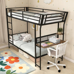 Costway Bunk Bed With Desk Single Over Single Loft Bed With Guardrail