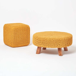 Homescapes Mustard Cube Cotton Knitted Pouffe Footstool - thumbnail 5
