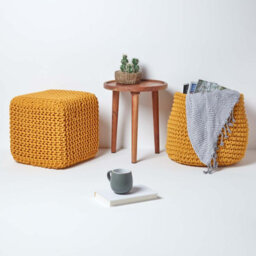Homescapes Mustard Cube Cotton Knitted Pouffe Footstool - thumbnail 6