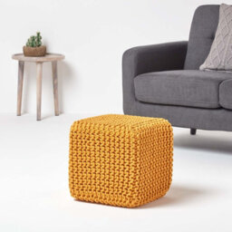 Homescapes Mustard Cube Cotton Knitted Pouffe Footstool - thumbnail 2