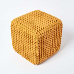 Homescapes Mustard Cube Cotton Knitted Pouffe Footstool - thumbnail 3