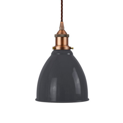 SE Home Slate Grey Classic Small Pantry Metal Painted Dome Pendant Light With Matt Antique Copper Lamp Holder And Brown Twisted Cable - image 1