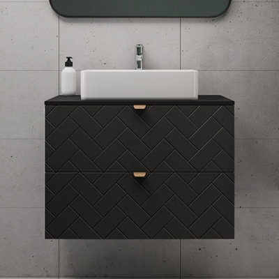 Heze Furniture Trend Herringbone Pattern Door 80Cm Bathroom Cabinet Vanity Unit With Worktop Black - image 1
