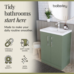 Balterley Level Modern Bathroom 2 Soft Close Door & Mid-Edge Vanity Unit Basin, Satin Green, 600mm - thumbnail 7