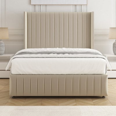 Bsspoke Luna Divan Bed Set Cream Plush Velvet 54Inch Wingedback Headboard & Footboard & Mattress No Drawers In All Sizes - image 1
