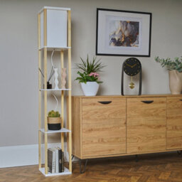 Valuelights Struttura Oak Shelving Unit Floor Lamp With Fabric Shade