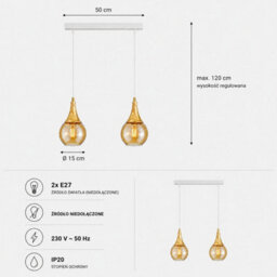 Luminosa Lighting Luminosa Lacrima Bar Pendant Ceiling Light White, Gold Amber Glass Shade 2X E27 - thumbnail 4